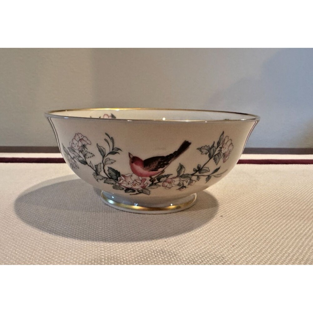 Vtg Lenox Serenade Porcelain Bowl - Ivory with Gold Trim, Bird Floral Design USA